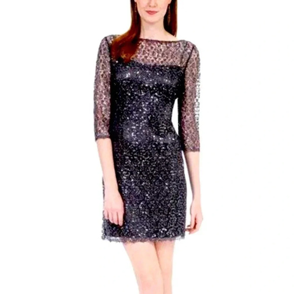 Kay Unger Sequin Lace Navy Midnight Blue Sparkly Sequined Sheath Dress Size 4 - Picture 1 of 9